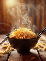 Aufkleber - A steaming bowl of flavorful instant noodles sits on a wooden table, releasing aromatic steam into the air, perfect for a cozy evening meal. Generative AI