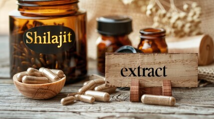 Poster - Schilajit extract in supplement capsules on the table. Selective focus.