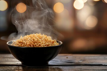 Aufkleber - A steaming bowl of delicious instant noodles rests on a wooden table, inviting warmth and comfort for a satisfying meal. Generative AI