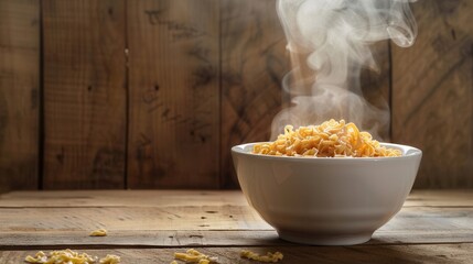 Aufkleber - A steaming bowl of instant noodles rests on a rustic wooden table, inviting warmth and comfort for a satisfying meal. Generative AI