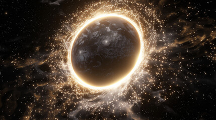 photo realistic render of perfect circle star in galaxy, on clean black space background