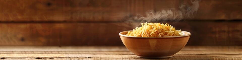 Aufkleber - A steaming bowl of enticing instant noodles rests on a wooden table, inviting a cozy dining experience for any time of day. Generative AI