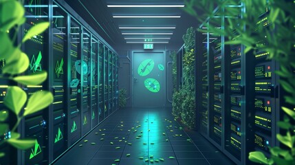 Wall Mural - A detailed illustration of a server room with green energy icons, highlighting the use of sustainable practices in IT infrastructure.