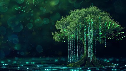 Wall Mural - A creative illustration of a digital tree with binary code leaves, symbolizing the integration of technology and green initiatives.