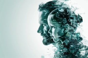 Poster - Artistic digital interaction between human faces symbolizing connection technology and modern relationships