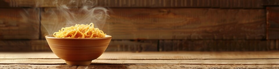 Aufkleber - Steaming hot instant noodles sit in a bowl on a rustic wooden table, inviting warmth and comfort for a satisfying meal. Generative AI
