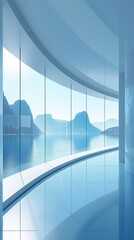 Sticker -  A room facing a body of water with mountainous backdrop and a sizable mirror on the wall