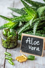 Poster - Aloe vera capsules supplements on the table. Selective focus.