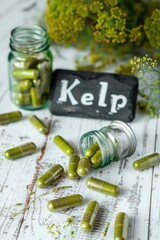 Wall Mural - kelp capsules supplements on the table. Selective focus.