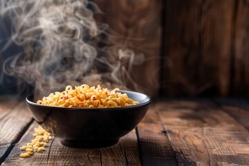 Aufkleber - A bowl of steaming instant noodles sits invitingly on a rustic wooden table, emitting fragrant steam and highlighting its appetizing texture. Generative AI