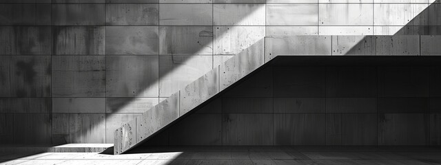 Poster -  A monochrome image of a concrete staircase ascending to a window atop a textured wall Sunlight filters in through the transparent glass, casting a radiant glow