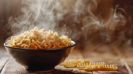 Poster - A bowl of steaming instant noodles rests on a wooden table, inviting warmth and comfort during a cozy evening meal. Generative AI