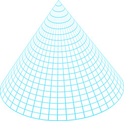 Y2k 3d mesh cone, vaporwave trendy 3d wireframe shape icon, cyberpunk neon grid pattern element illustration, brutal art abstract wire frame form symbol, cyber tech geometry mesh figure graphic.
