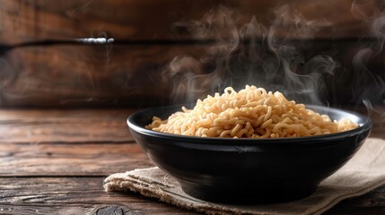 Aufkleber - A steaming bowl of delicious instant noodles sits on a wooden table, inviting warmth and comfort on a cozy day. Generative AI
