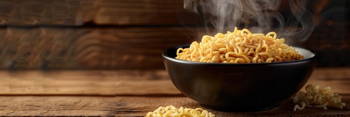 Aufkleber - A steaming bowl of instant noodles sits on a rustic wooden table, inviting hunger with its warmth and delicious aroma. Generative AI