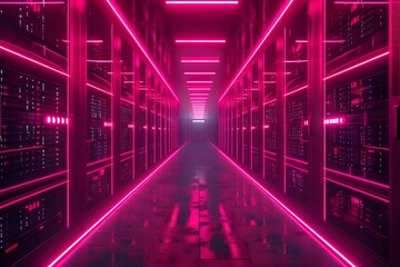Poster - neon lit data center with glowing server racks and cables representing the core of digital networks