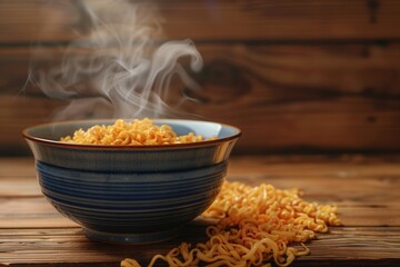 Aufkleber - A bowl of steaming instant noodles rests on a wooden table, inviting warmth and comfort to those seeking a quick and satisfying meal. Generative AI