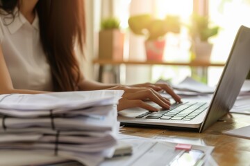Aufkleber - Female professional typing on laptop surrounded by piles of tax paperwork in a home office. Accounting and tax preparation concept.
