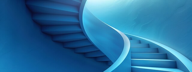 Poster -  A spiral staircase, blue hued, radiates light from its top center