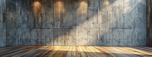  A room featuring a wooden floor and a concrete wall with three lights on each side The space is concluded by a wooden floor preceding it