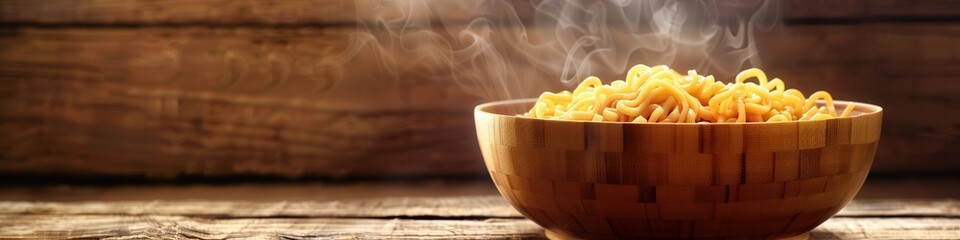 Aufkleber - A steaming bowl of instant noodles sits on a rustic wooden table, inviting a warm and comforting meal. Generative AI