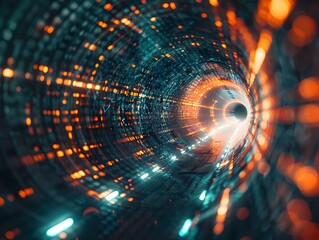 Poster - Abstract Digital Tunnel with Swirling Lights and Vanishing Point Symbolizing Cyber Pathways and Futuristic Concept