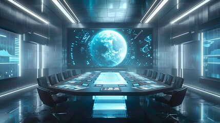 Poster - futuristic high tech conference room with holographic displays and data analysis tools