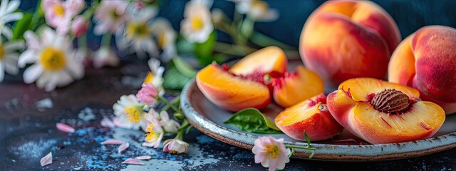 Sticker - Peach slices on a plate. Selective focus.