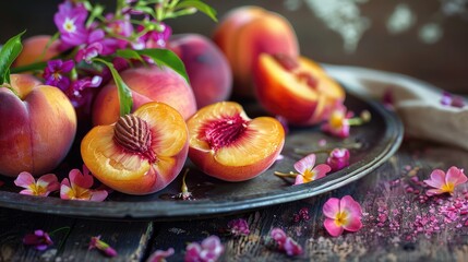 Sticker - Peach slices on a plate. Selective focus.