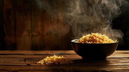 Aufkleber - A bowl of steaming instant noodles sits invitingly on a wooden table, filling the air with delicious aromas and warmth. Generative AI