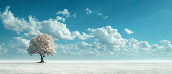  A solitary tree stands in the barren plain's expanse, surrounded by emptiness Above, a blue sky is dotted with puffy white clouds