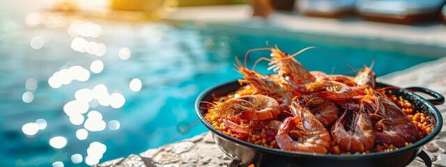 Sticker -  A bowl of shrimp beside a pool, sun reflecting on tranquil water behind