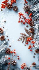  A table is covered in snow, with pine cones and red berries atop the snow-covered pine cones