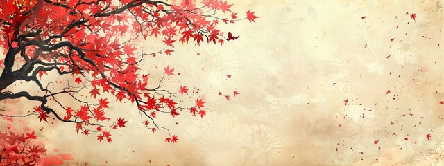 a tree depicted with scarlet leaves adorning its branches, a bird in flight above, skyward