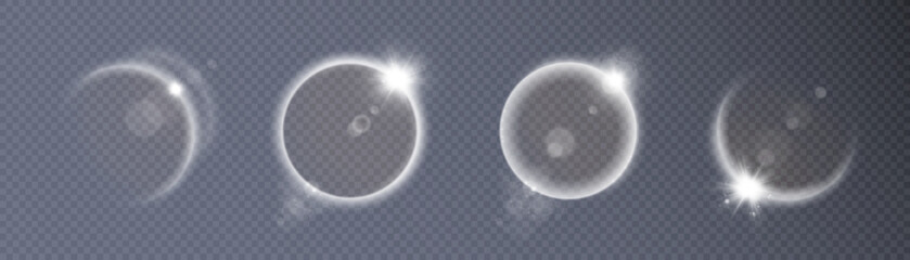 Aufkleber - Solar eclipse effect. Space sunrise. Sunrise with rays and glare. Vector on transparent background.