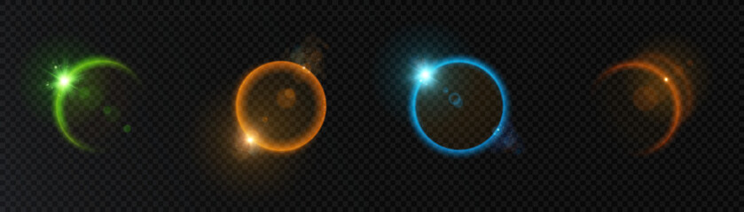 Aufkleber - Solar eclipse effect. Space sunrise. Sunrise with rays and glare. Vector on transparent background.