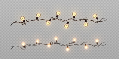 Wall Mural - Festive garlands of Christmas lights. Bright bulbs on a wire with interlacing glow with a warm glow. Vector for web design and illustrations.