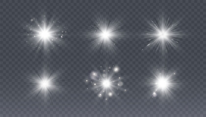 Poster - White glowing light explodes on a transparent background. Bright Star. Transparent shining sun, bright flash. Vector graphics.	