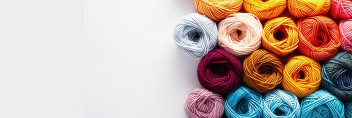 Fototapete - A vibrant arrangement of yarn rolls creates a striking grid on a clean, white surface, providing space for creative text placement and crafting inspiration. Generative AI