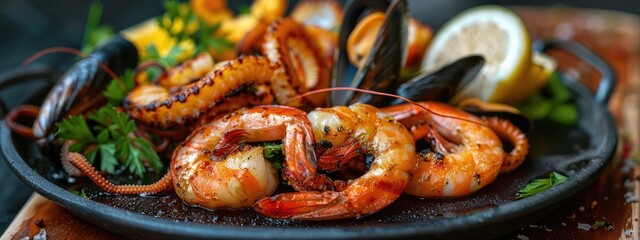 plate with shrimp, mussels and squid. Selective focus.