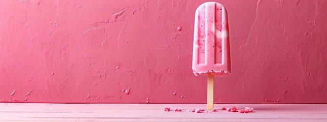 Wall Mural -  A pink popsicle, adorned with sprinkles, sits against a pink surface Behind it, a pink wall forms the backdrop