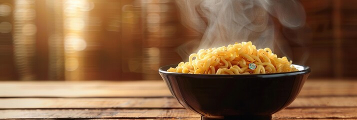 Aufkleber - A warm bowl of instant noodles releases steam, filling the air with a savory aroma while resting on a rustic wooden table. Generative AI