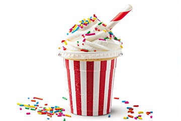 Delicious vanilla ice cream in a striped red and white cup with colorful sprinkles and a striped straw, isolated on a white background.