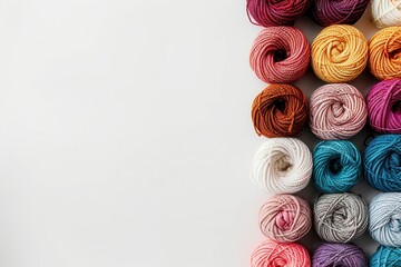 Fototapete - A grid of vibrant yarn rolls displays an array of colors on a white background, providing ample space for additional text and design elements. Generative AI