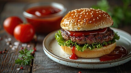 Canvas Print - Juicy Cheeseburger with Tomato and Ketchup