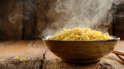 Aufkleber - Delicious instant noodles release steam as they sit in a bowl on a rustic wooden table, inviting a warm and comforting meal. Generative AI