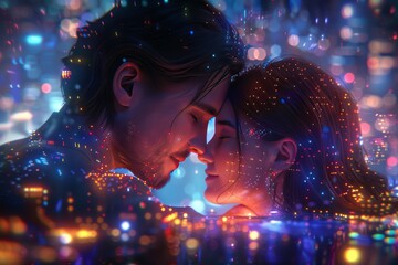 Poster - Romantic couple in a vibrant digital environment symbolizing love connection and modern technology