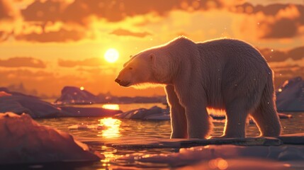 white polar bear animal standing near the water during sunset or sunrise in arctic wildlife landscap
