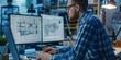 © Maftuh - A focused engineer working on a computer with architectural plans in a modern industrial office setting, surrounded by high-tech equipment and contemporary design