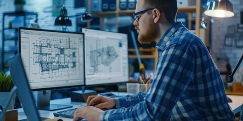 A focused engineer working on a computer with architectural plans in a modern industrial office setting, surrounded by high-tech equipment and contemporary design